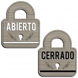 Rótulos abierto cerrado, en madera chapada de roble o cerezo.